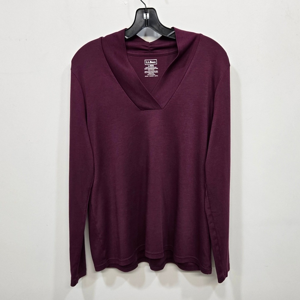 LL Bean Shirt Top Women Large Purple Supima Cotton Long Sleeve V Neck Base Layer